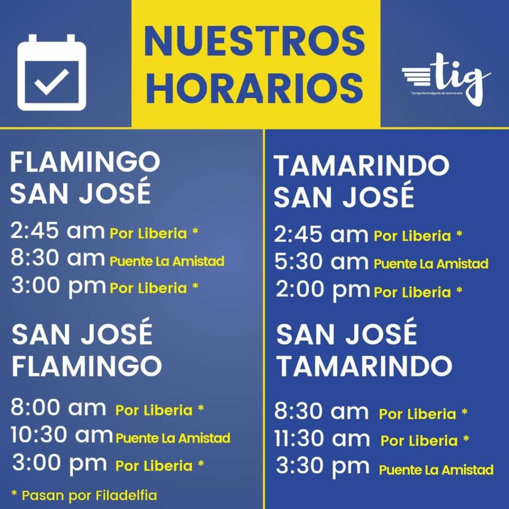 Horario de Buses a San Jose Desde Flamingo o Tamarindo